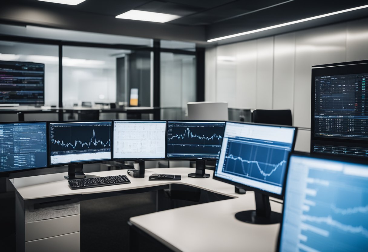 A desk with a computer, data charts, and a whiteboard with algorithms and equations