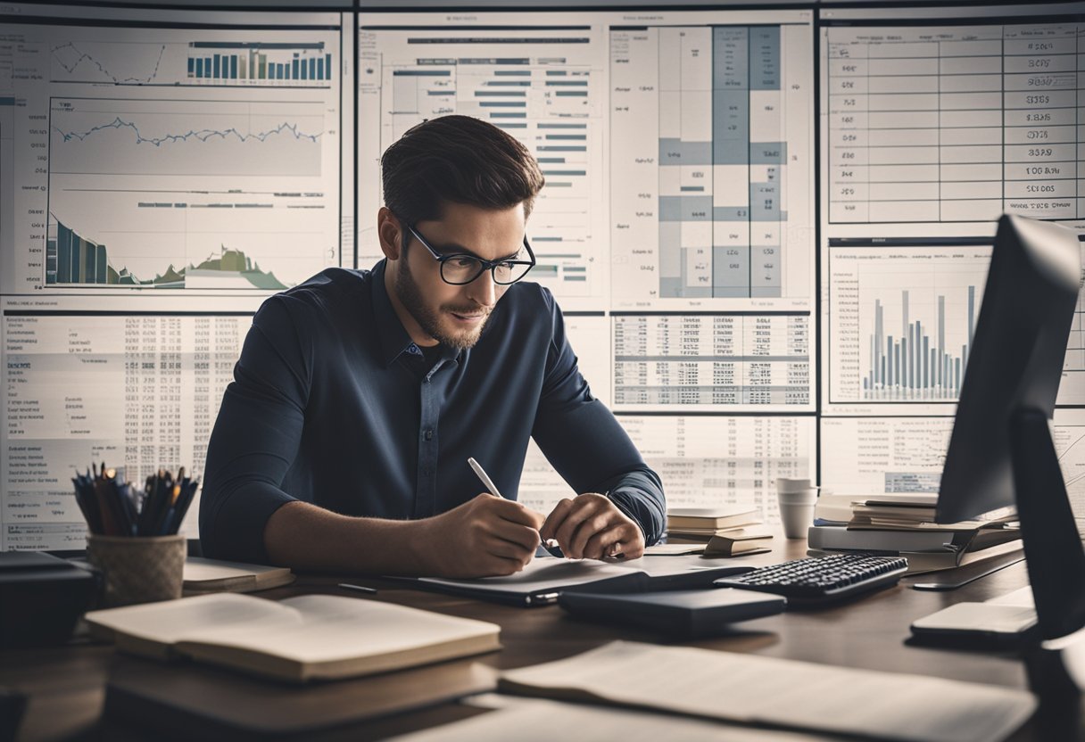 A person studying at a computer with books and notes, surrounded by data charts and graphs