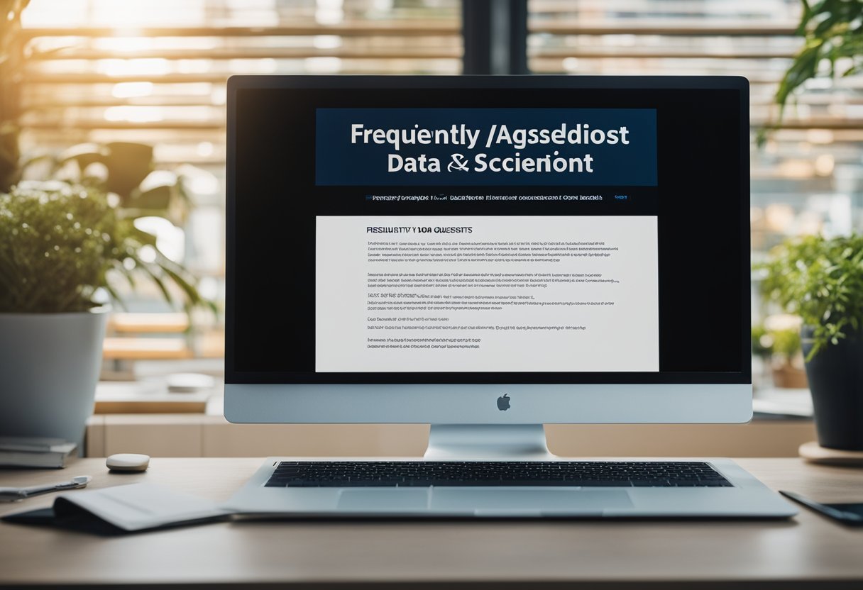 A computer screen displaying a webpage with a heading "Frequently Asked Questions entry level data scientist" surrounded by a list of common inquiries and their respective answers