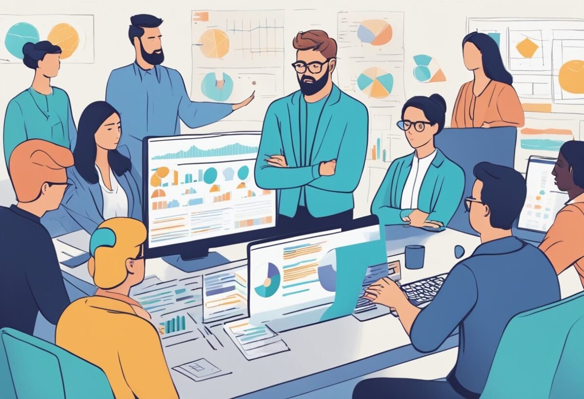 A data scientist confidently analyzing complex data sets, surrounded by supportive colleagues and mentors