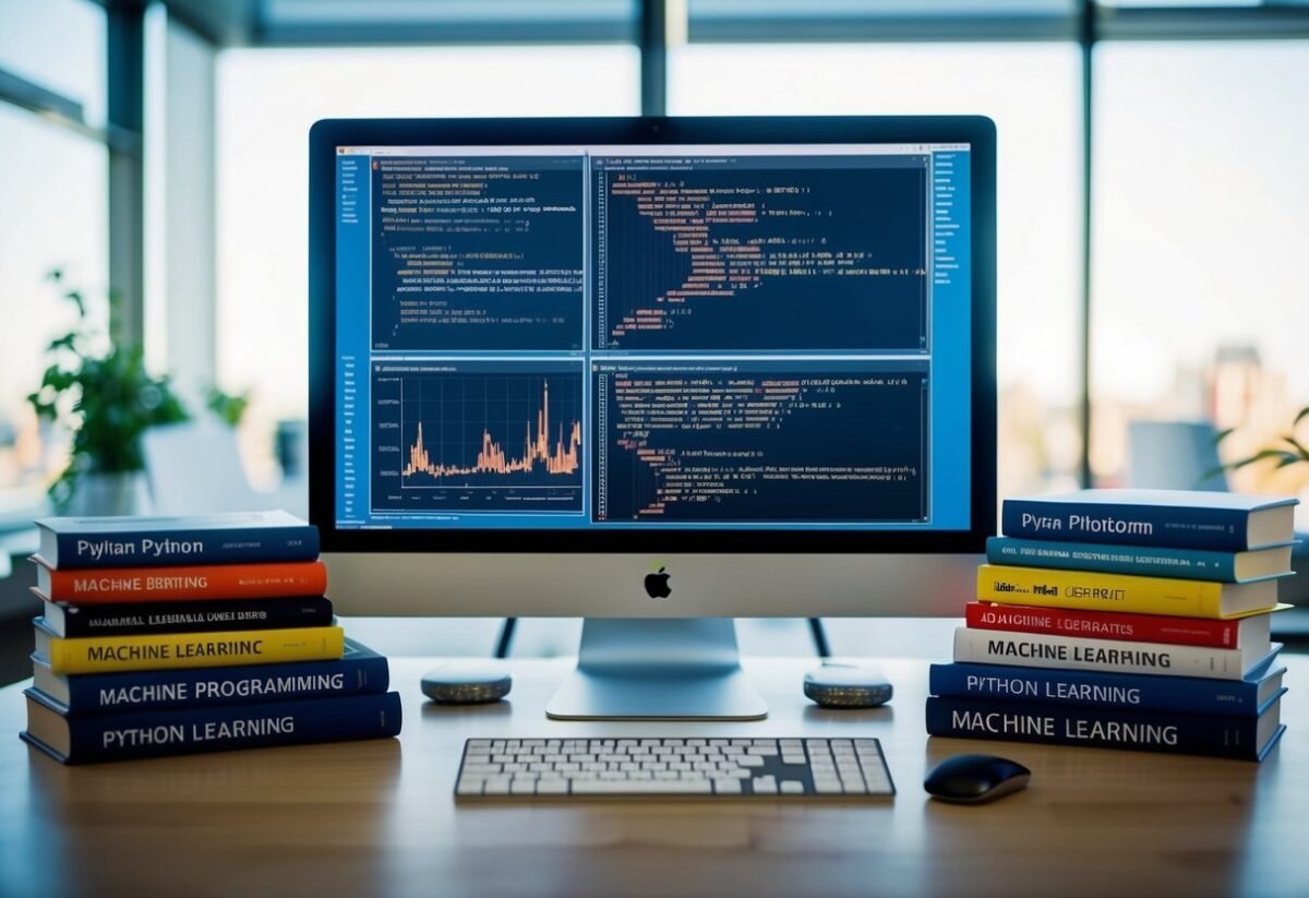 A computer screen with code, graphs, and machine learning algorithms displayed, surrounded by books on Python programming and machine learning fundamentals