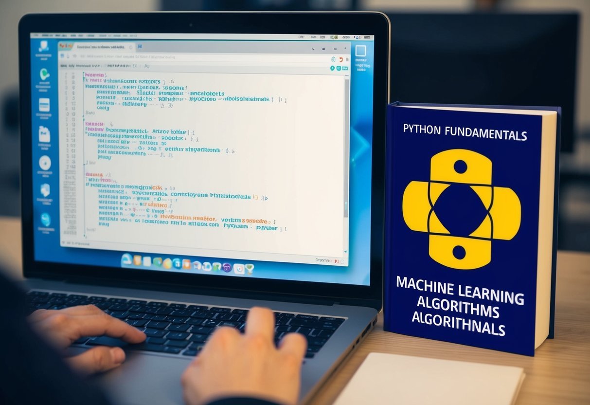 A computer screen displaying Python code with various machine learning algorithms and a book on Python fundamentals