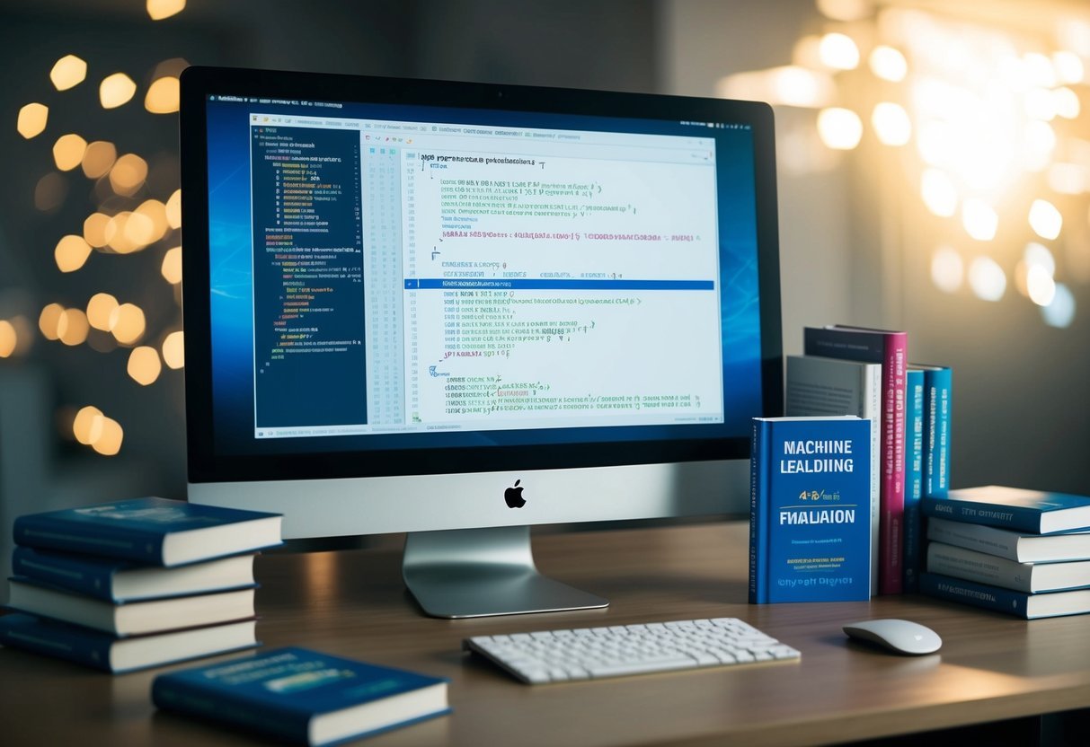 A computer screen displaying Python code for model training and evaluation, surrounded by books on machine learning fundamentals