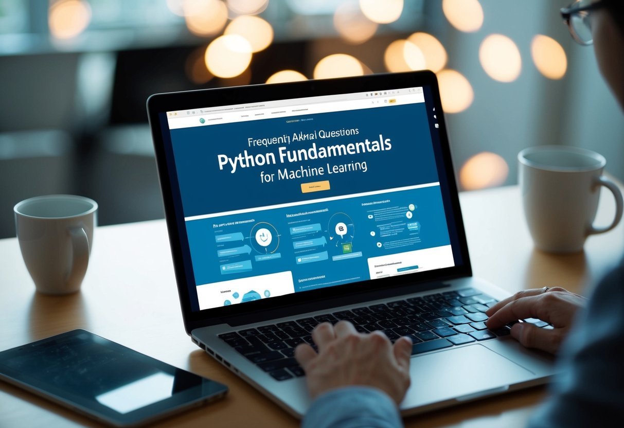 A laptop open to a webpage titled "Frequently Asked Questions Python fundamentals for machine learning" with various sections and diagrams