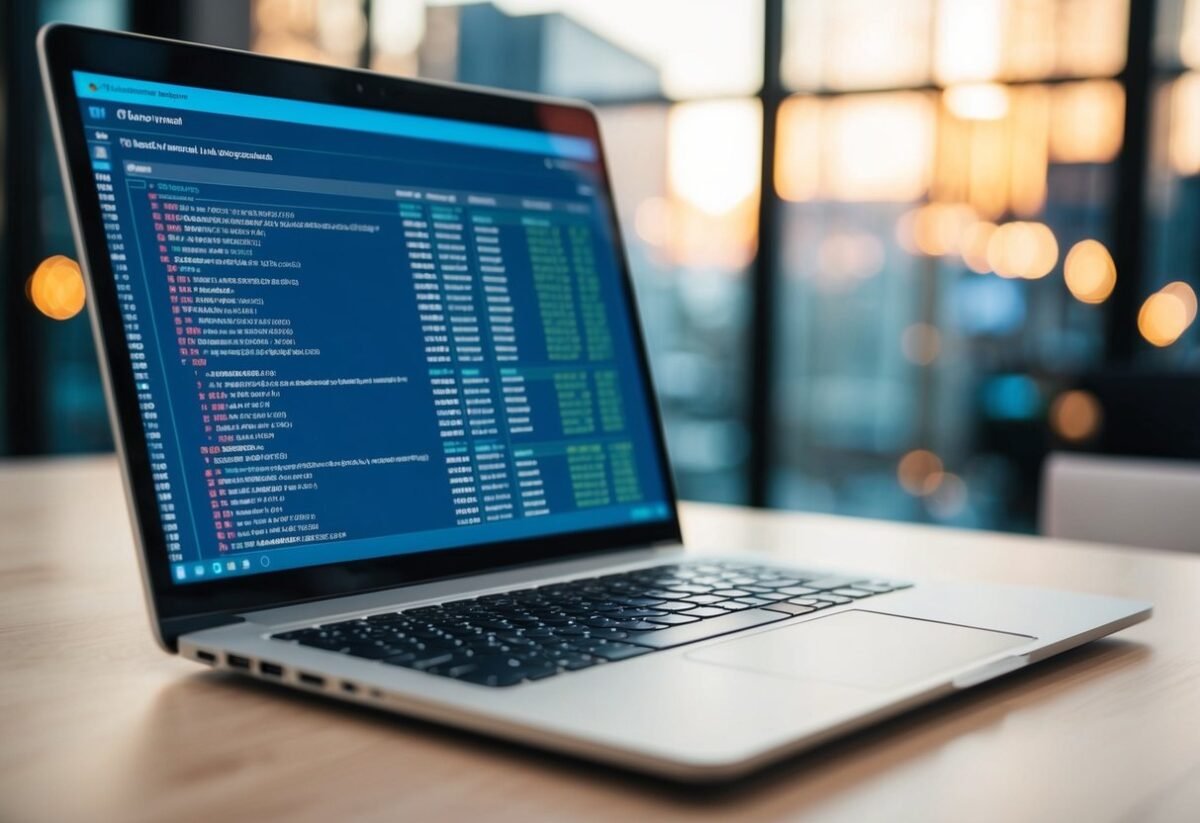 A laptop screen displaying SQL queries and data tables