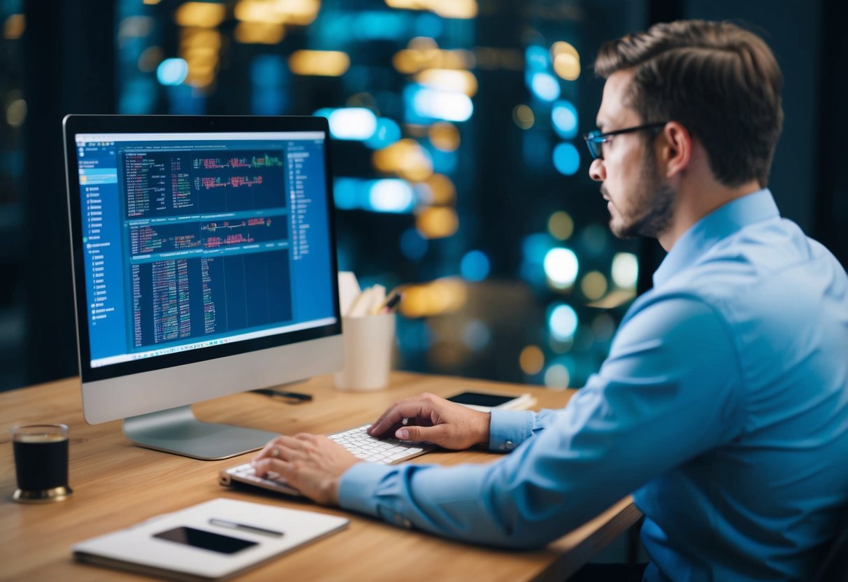 A person using a computer to analyze data with SQL functions like LEAD and LAG
