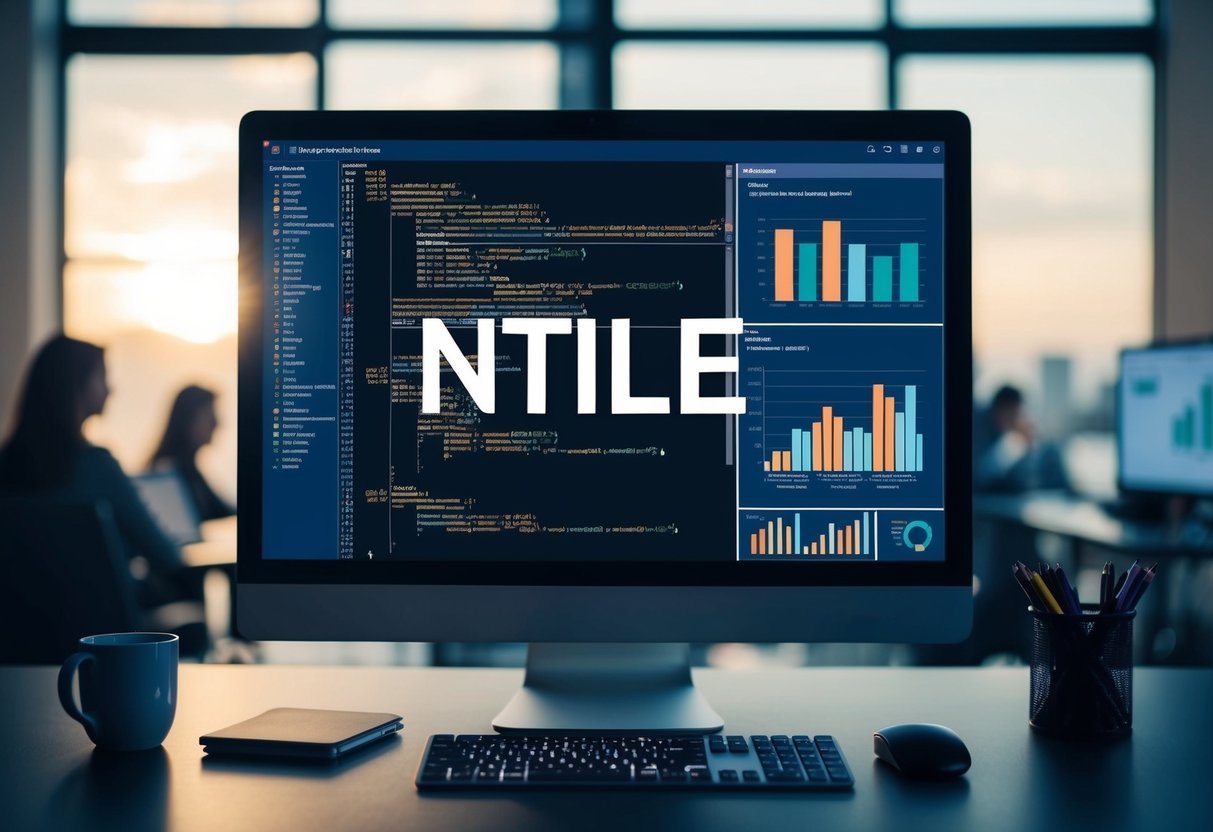 A computer screen displaying SQL code with NTILE and other functions, surrounded by charts and graphs for data analysis