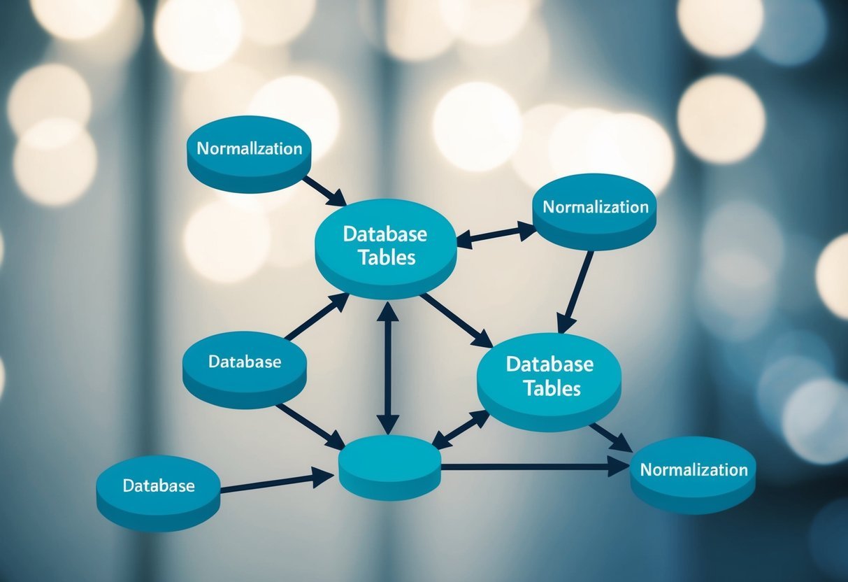 Multiple interconnected nodes representing database tables at varying levels of normalization, with arrows indicating relationships between them