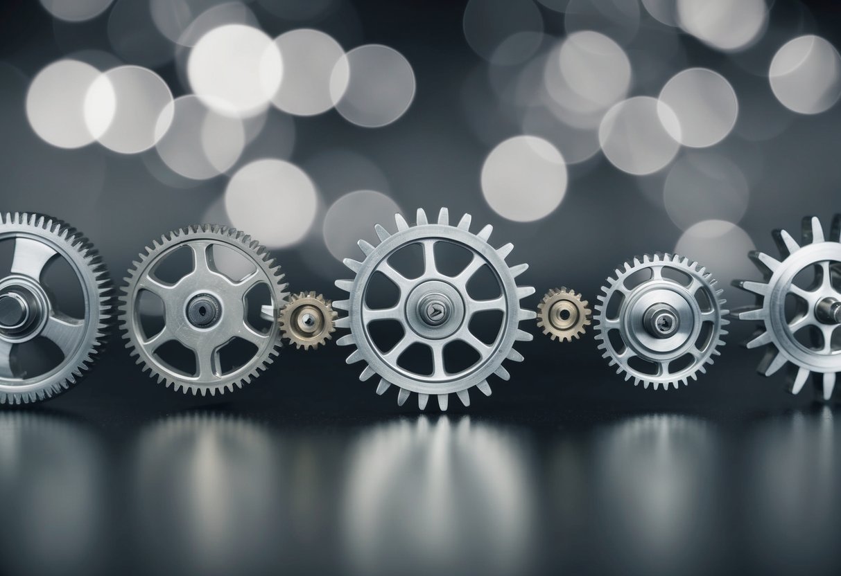 A series of interconnected gears and cogs, each turning at different speeds, symbolizing the concept of normalization levels beyond structural understanding