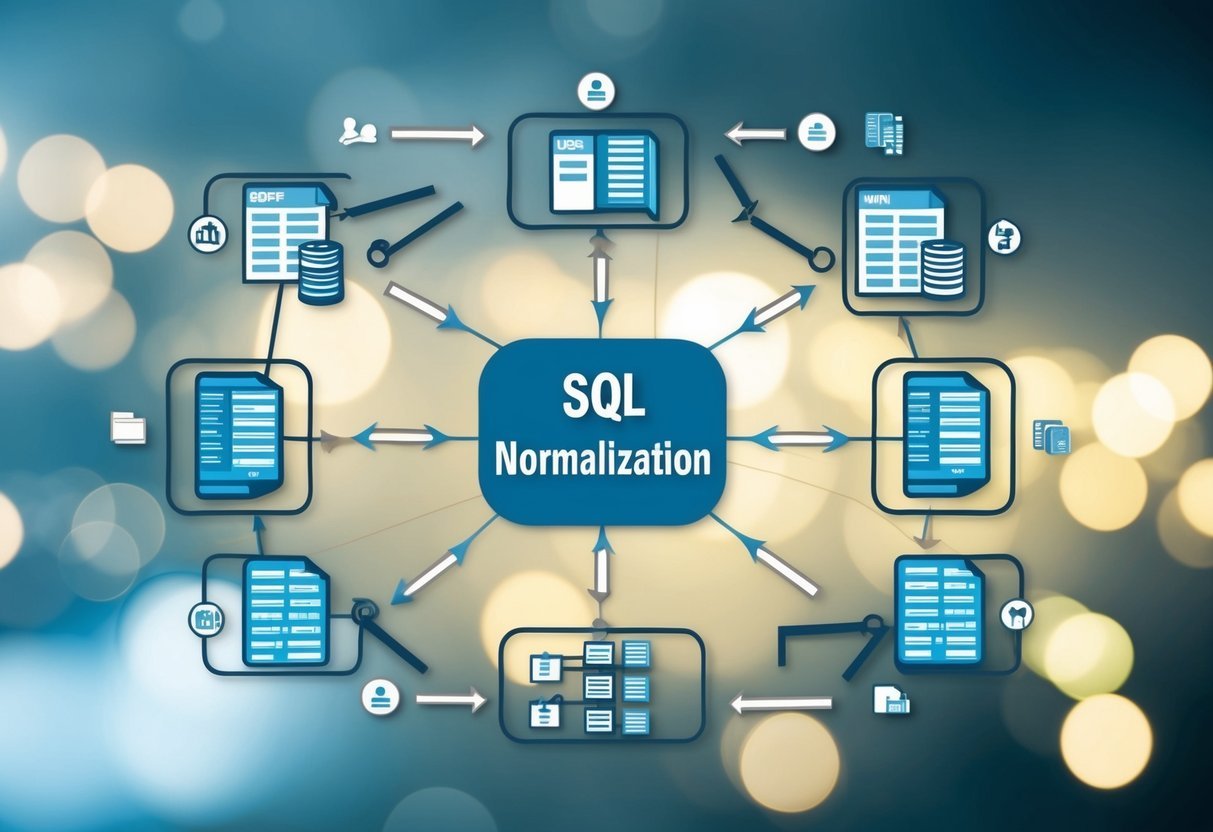 A flowchart illustrating the process of SQL normalization, with various tables and their relationships depicted using symbols and connecting lines