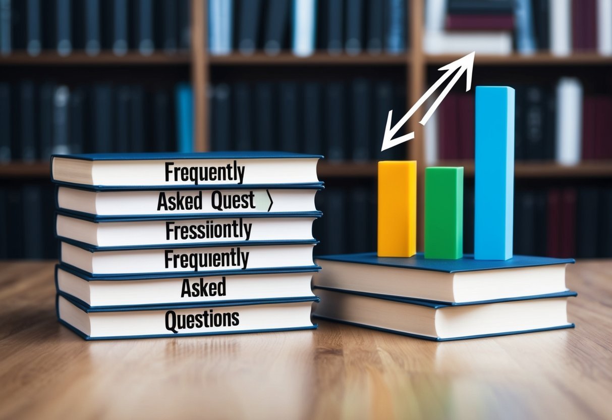 A stack of books labeled "Frequently Asked Questions" with arrows pointing to different levels of a bar graph