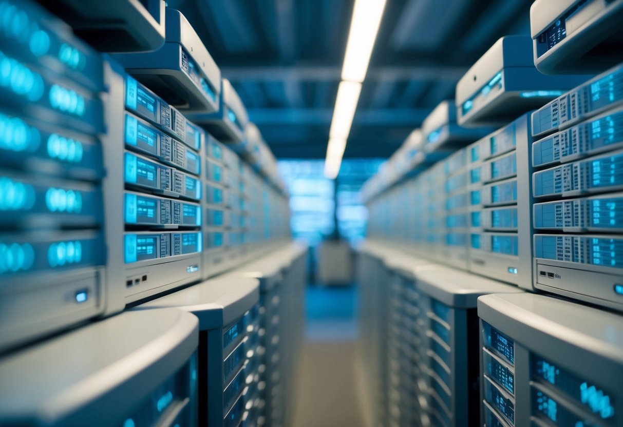 A large database being streamlined and organized, with data being sorted and restructured for efficient storage and retrieval