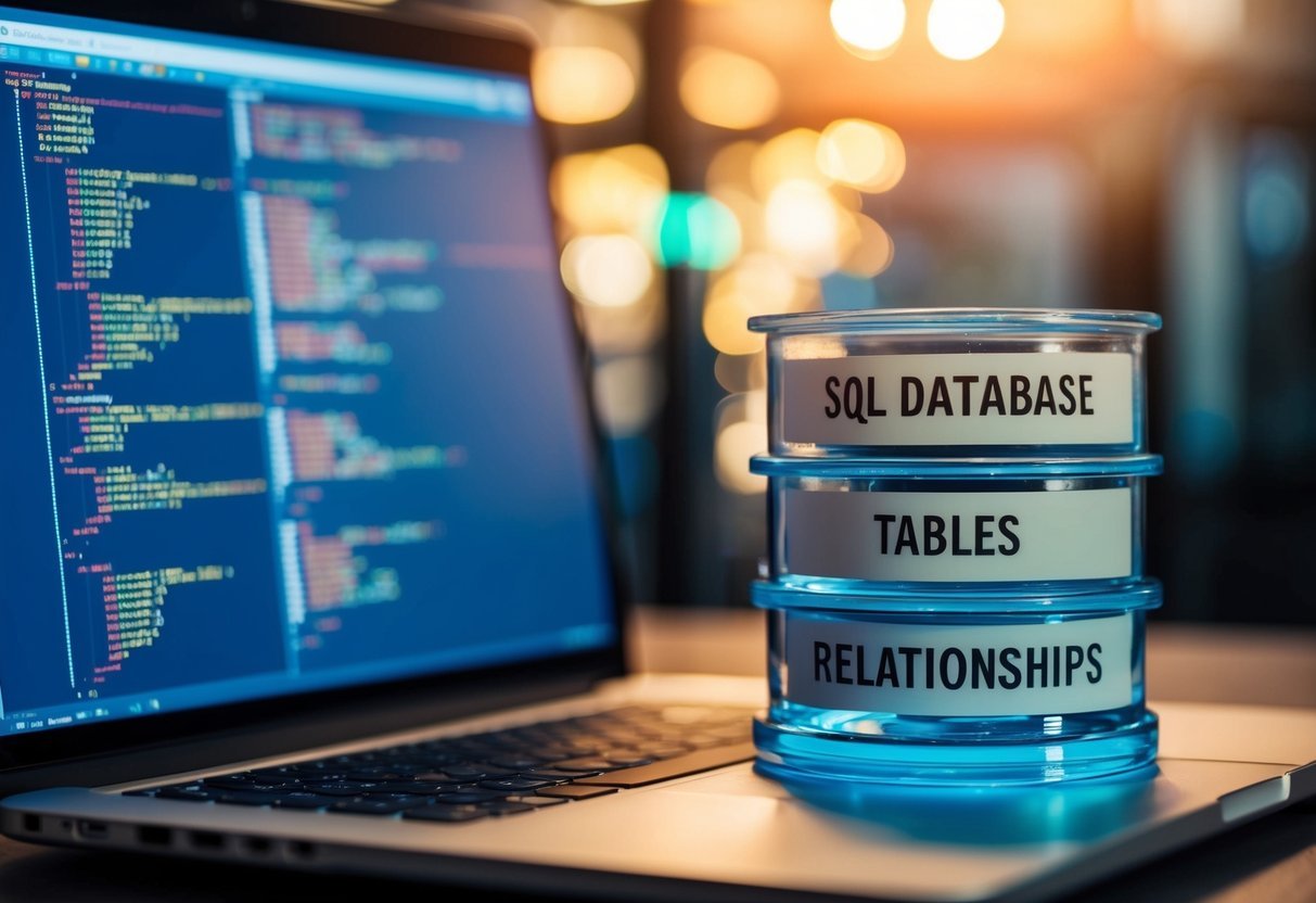 An SQL database with nested queries, tables, and relationships