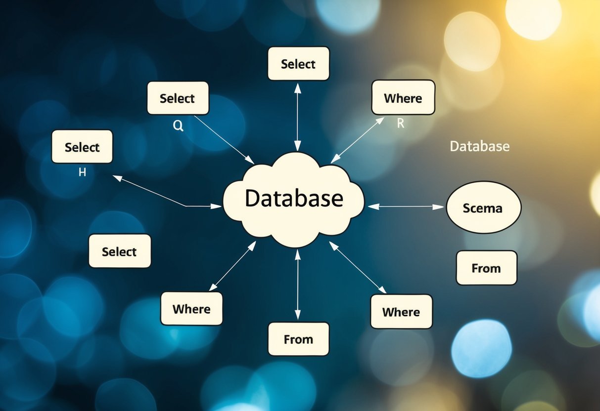 A database schema with nested tables, showing SQL queries with subqueries in select, where, and from clauses
