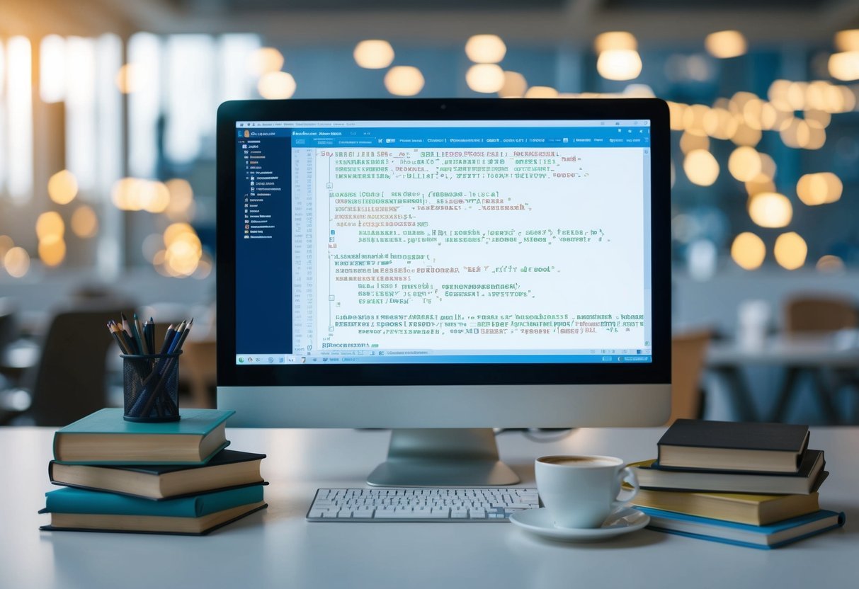 A computer screen displaying SQL code with nested subqueries, surrounded by reference books and a cup of coffee