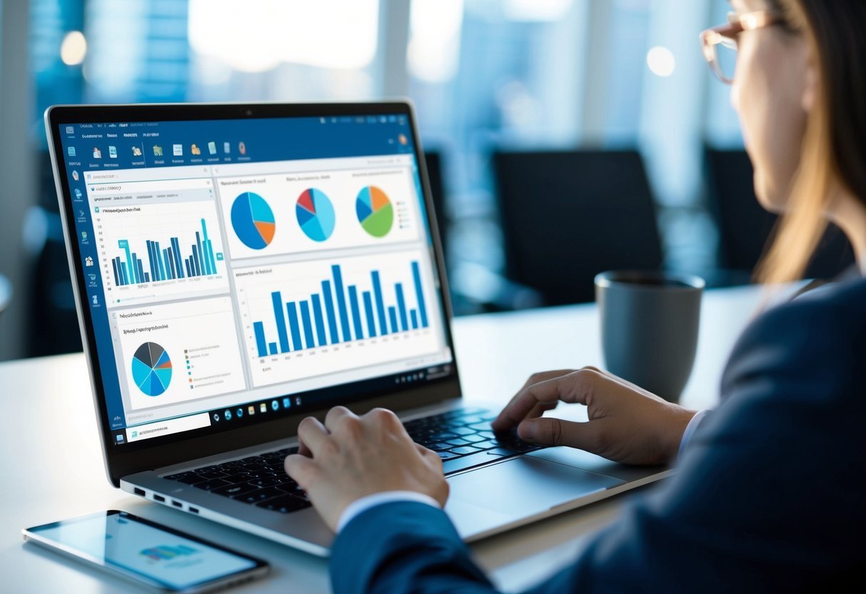 A laptop open to an SQL server notebook in Azure Data Studio, with charts and graphs displayed on the screen
