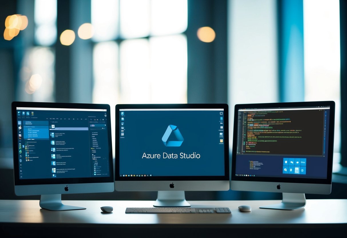 Three computer screens side by side displaying SSMS, Azure Data Studio, and VS Code interfaces. Icons and windows open on each screen