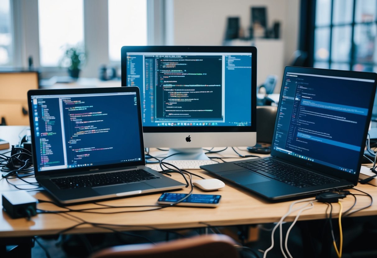 A cluttered desk with three open laptops, each displaying a different coding environment: SSMS, Azure Data Studio, and VS Code. Various cables and devices are scattered around the workspace