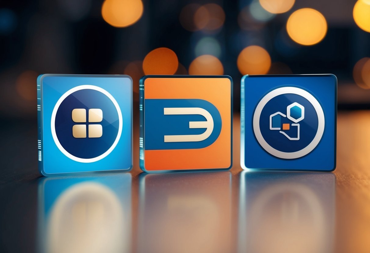 Three software logos displayed side by side with various icons and features surrounding them