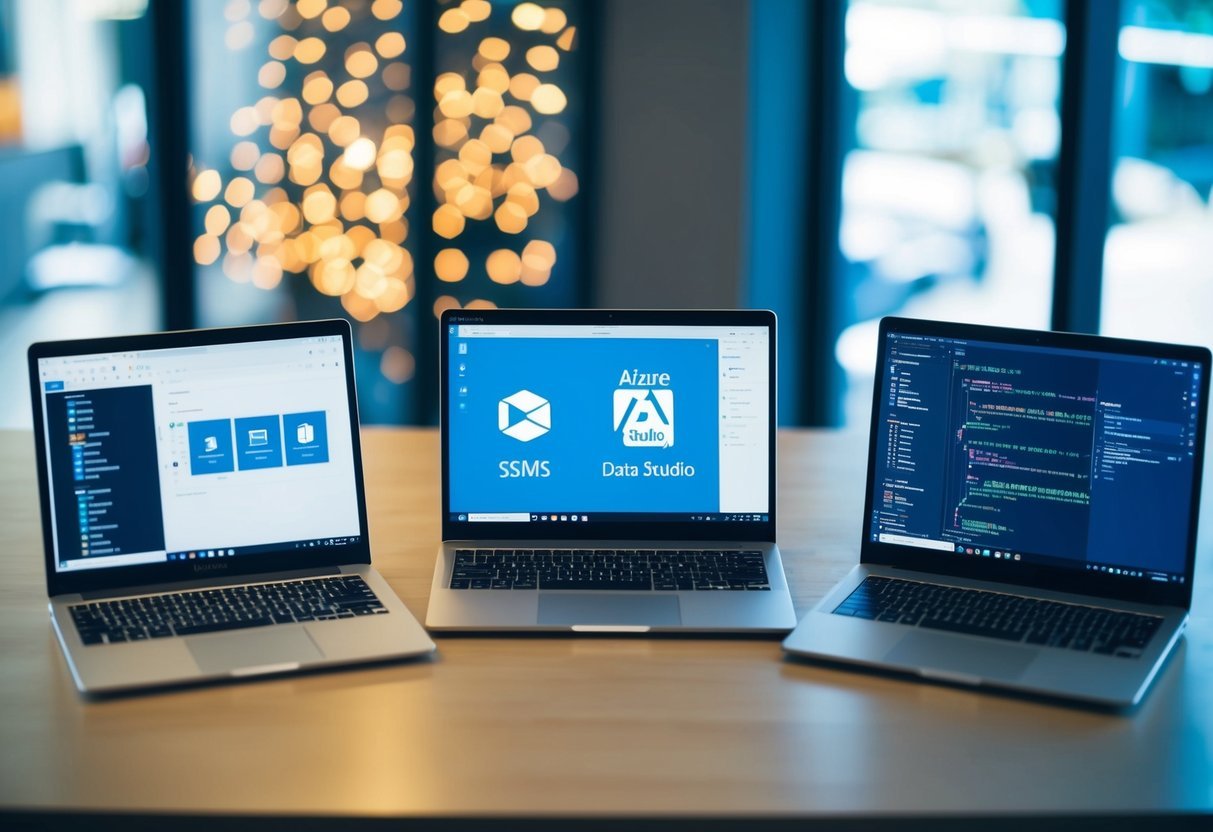 A table with three laptops open, each displaying the interfaces of SSMS, Azure Data Studio, and VS Code