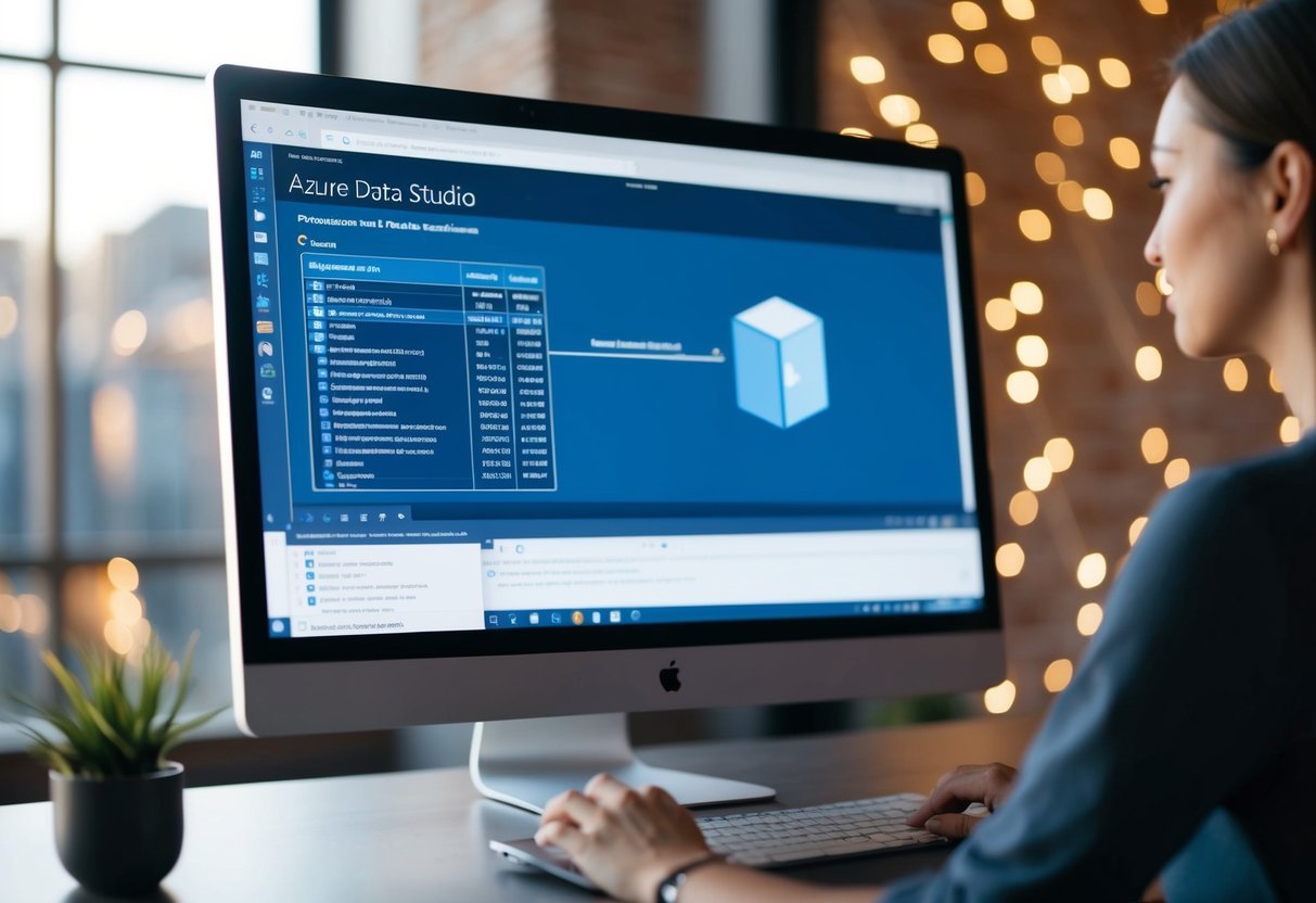 A computer screen displaying Azure Data Studio with a table creation interface open, with options for implementing constraints and indexes