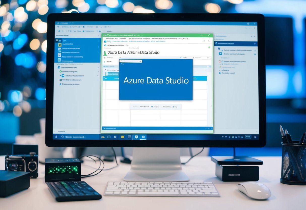 A computer screen displaying Azure Data Studio with a table creation interface open, surrounded by development tools and a keyboard