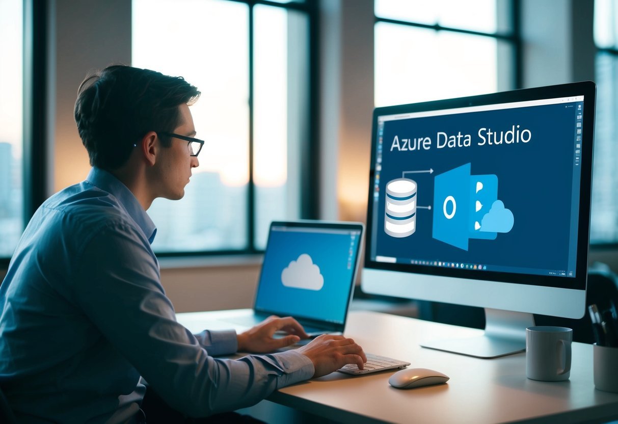 A person sitting at a desk with a computer open to the Azure Data Studio interface, creating a table