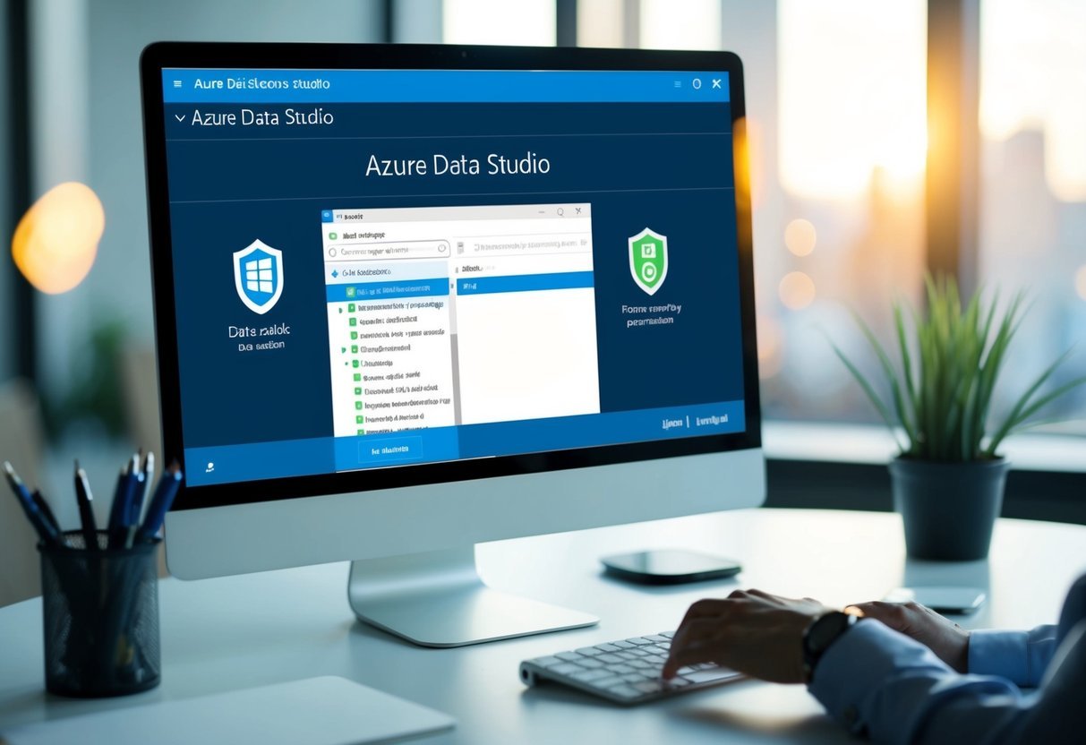 A computer screen displaying Azure Data Studio with options to delete a table, surrounded by security permission settings