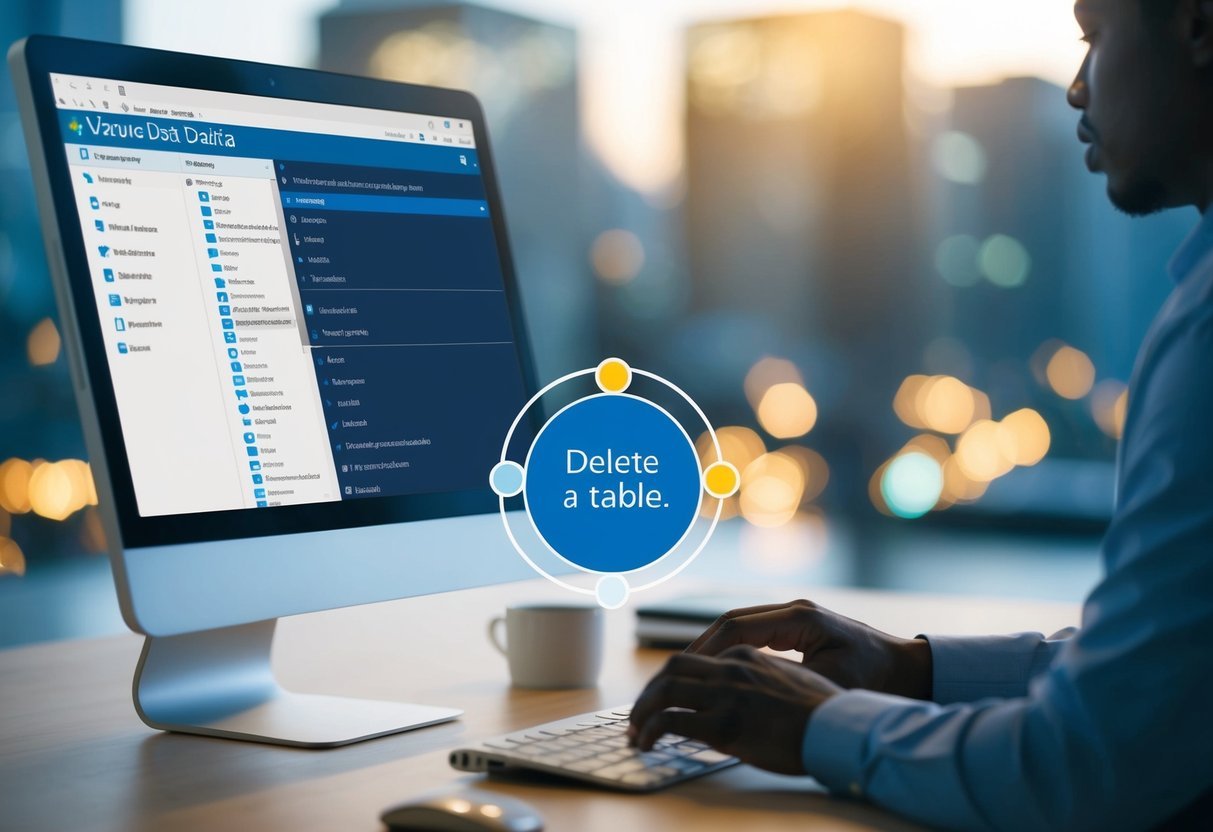 A person using a computer to navigate through a menu in Azure Data Studio, selecting the option to delete a table