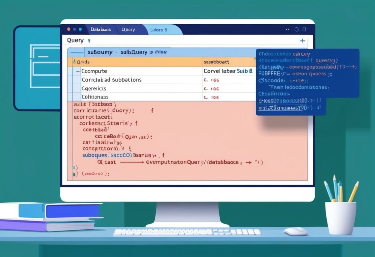 A computer screen showing a database query with correlated subqueries and related code snippets