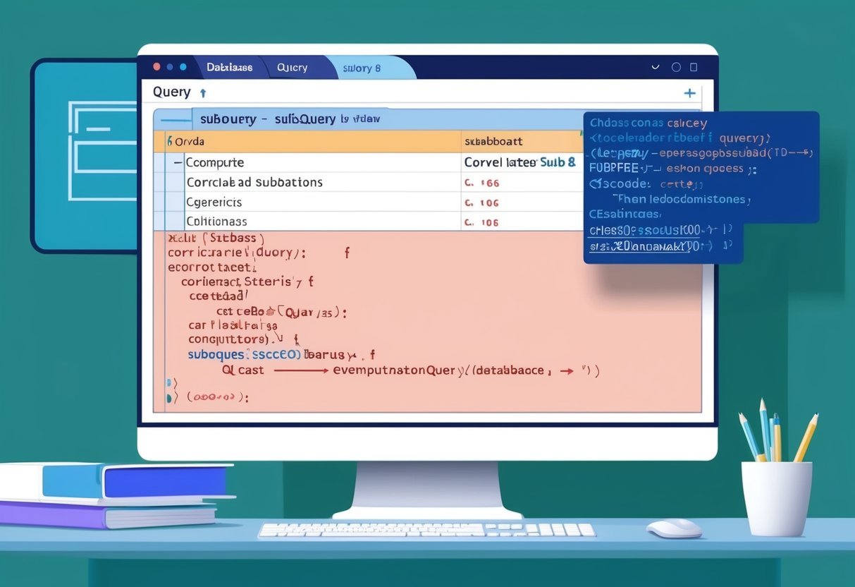 A computer screen showing a database query with correlated subqueries and related code snippets
