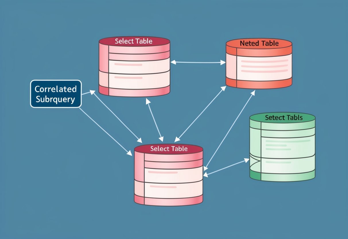 A database diagram with nested tables and a highlighted correlated subquery within a SELECT statement