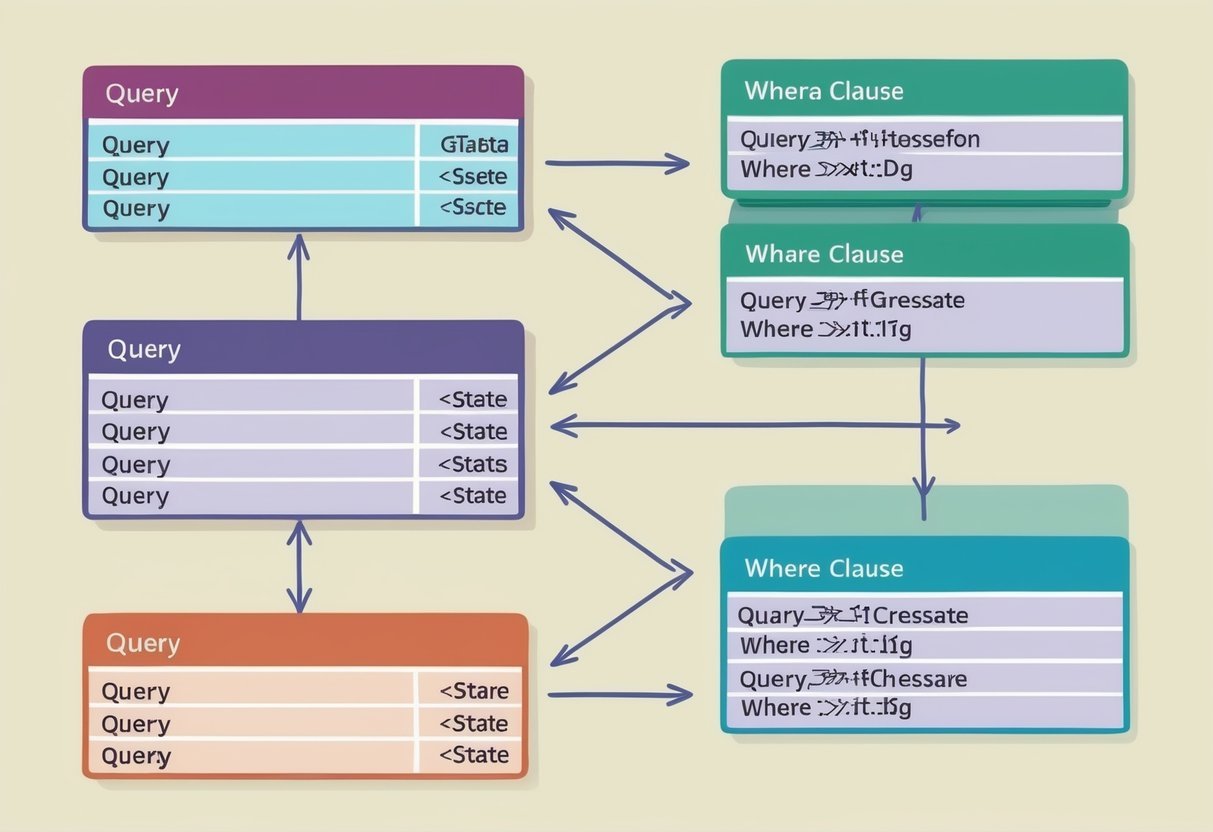 A series of interconnected data tables with arrows linking them, each table labeled with a query and a corresponding where clause