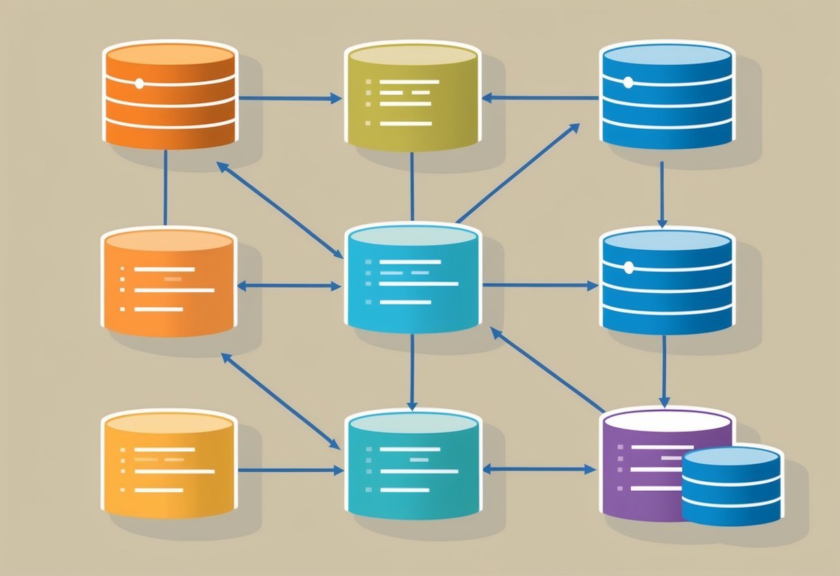 A database diagram with interconnected tables and queries, representing the concept of correlated subqueries in a learning environment