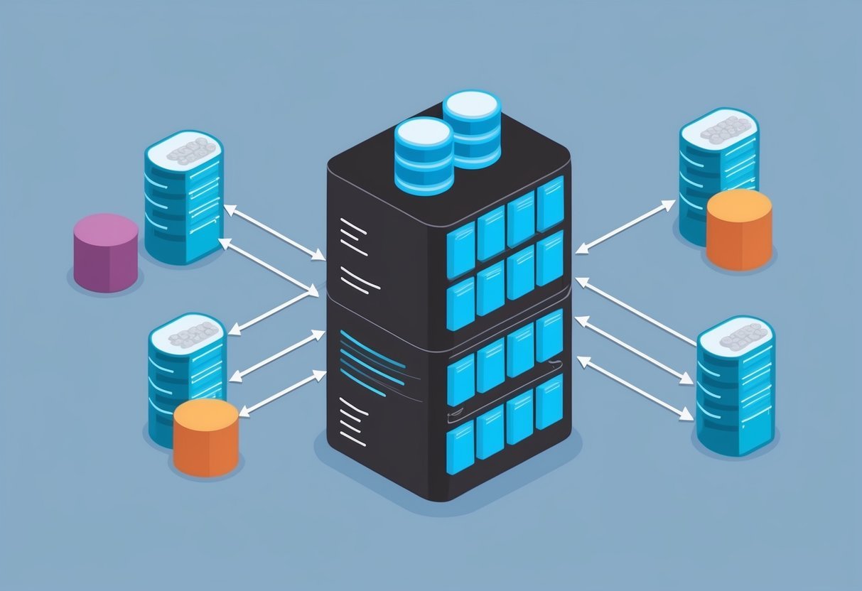A database server with interconnected tables, each containing data that is being modified using correlated subqueries