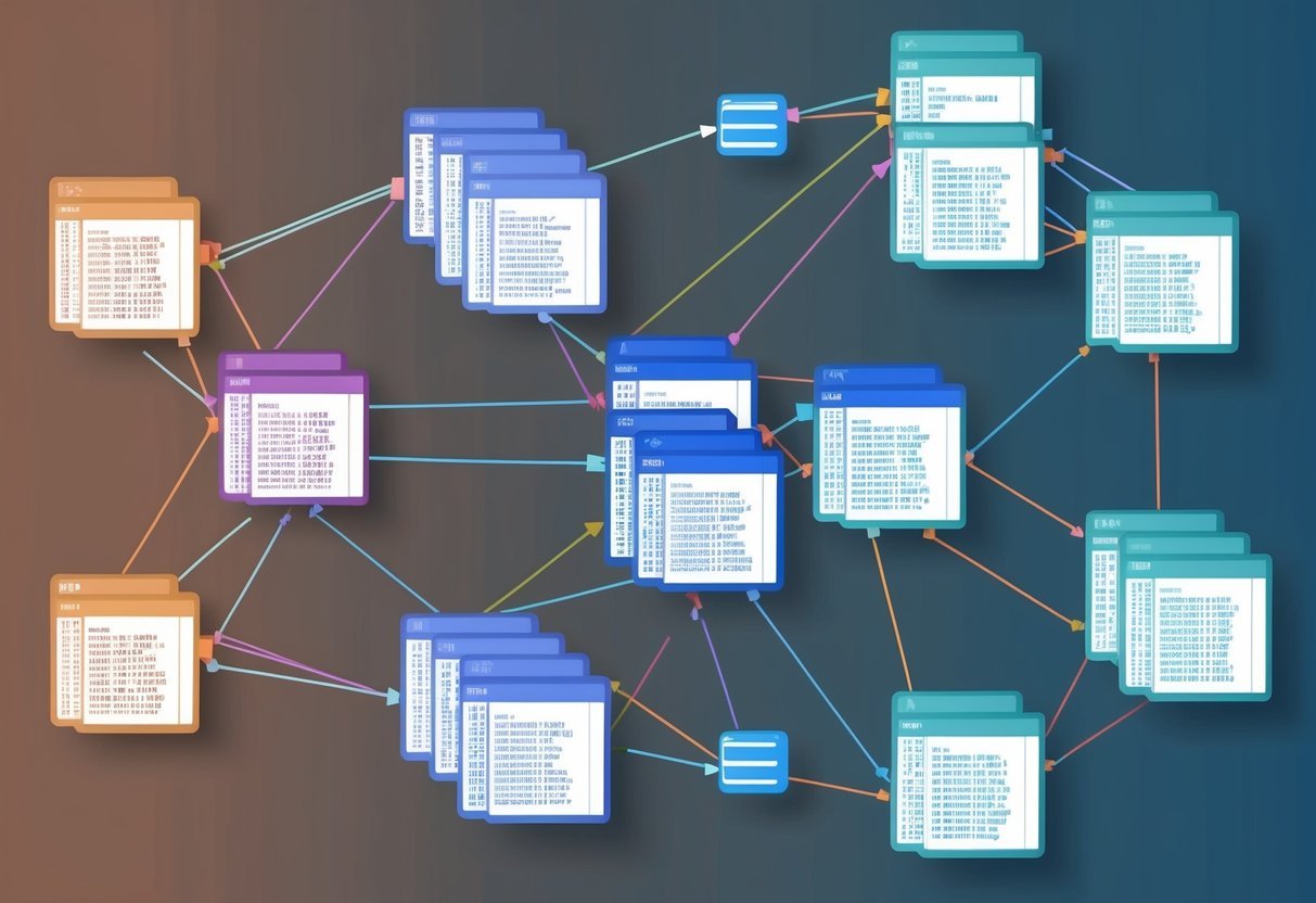 A series of interconnected data tables, each with its own unique query, forming a complex network of correlated subqueries