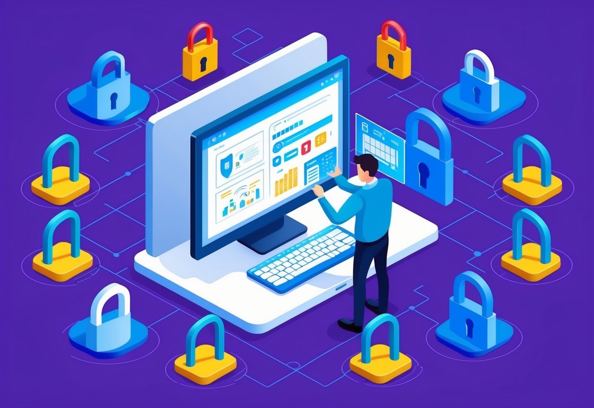 A data engineer working on a computer, surrounded by security locks and privacy icons