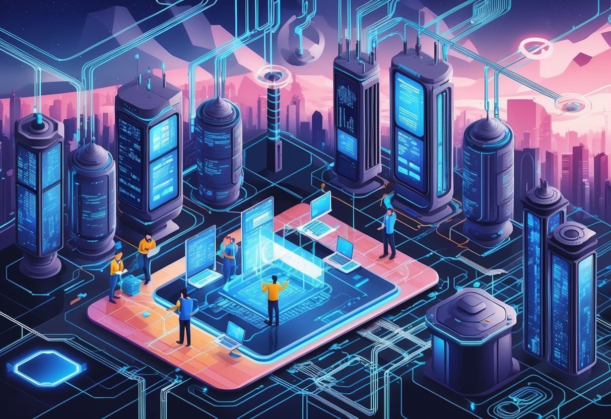 A futuristic cityscape with data engineers working on advanced technology and infrastructure