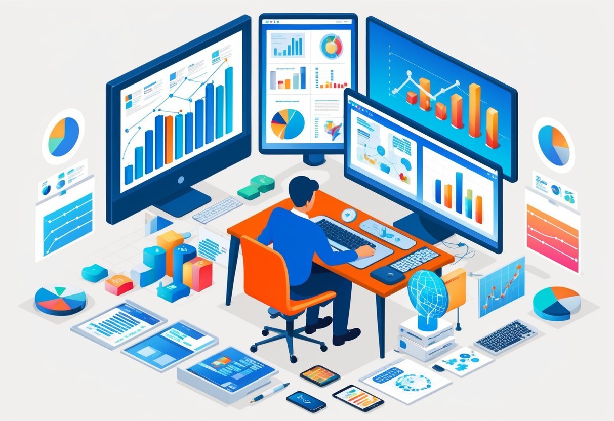 A person sitting at a desk surrounded by computer monitors, charts, and graphs, with various data visualization tools and communication devices