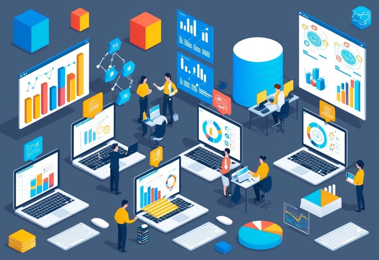 A busy office with computers, charts, and data visualizations. People collaborate on data workflows and manage data projects