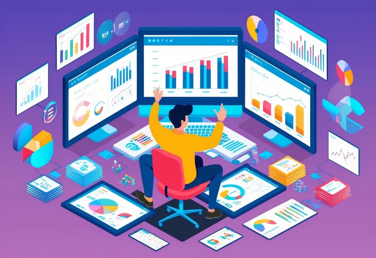 A person surrounded by computer screens, charts, and graphs, analyzing and visualizing data for a data science project