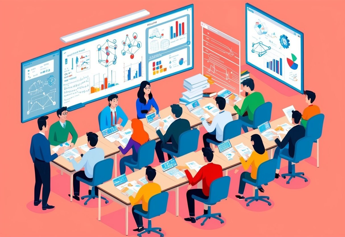 A classroom with a whiteboard filled with diagrams and equations, surrounded by students and a professor discussing advanced topics in artificial intelligence and data science