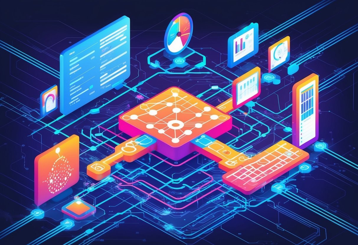 A futuristic data visualization with interconnected nodes and flowing data streams