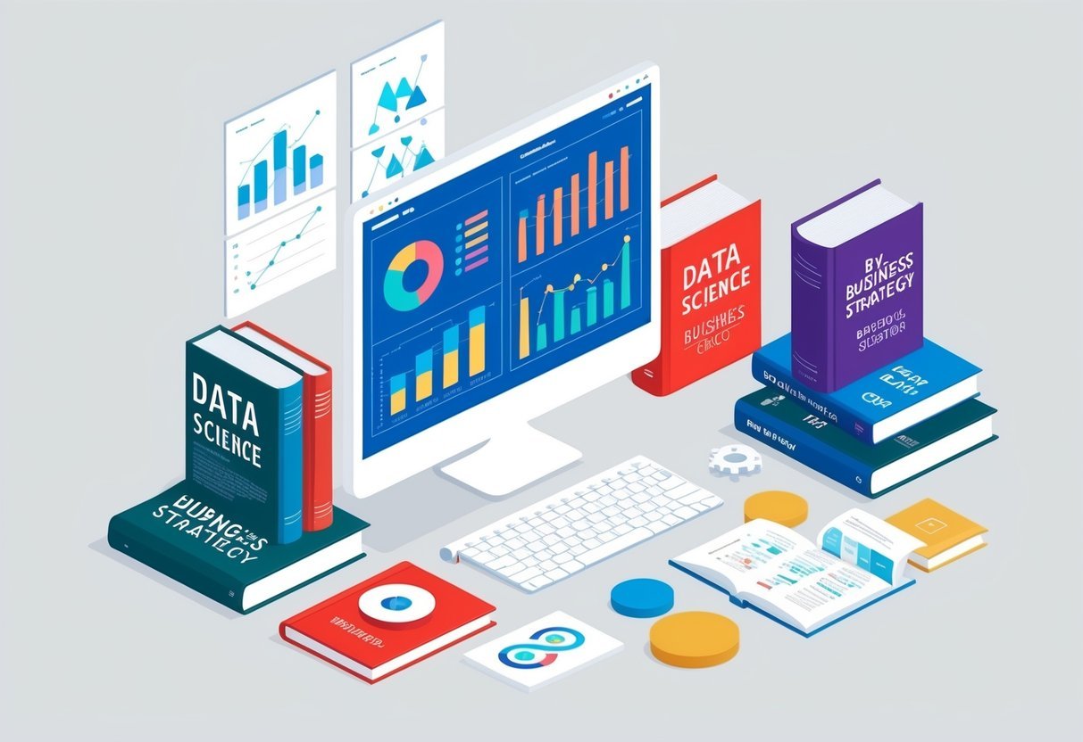 A computer displaying data visualizations and graphs, surrounded by books on data science and business strategy