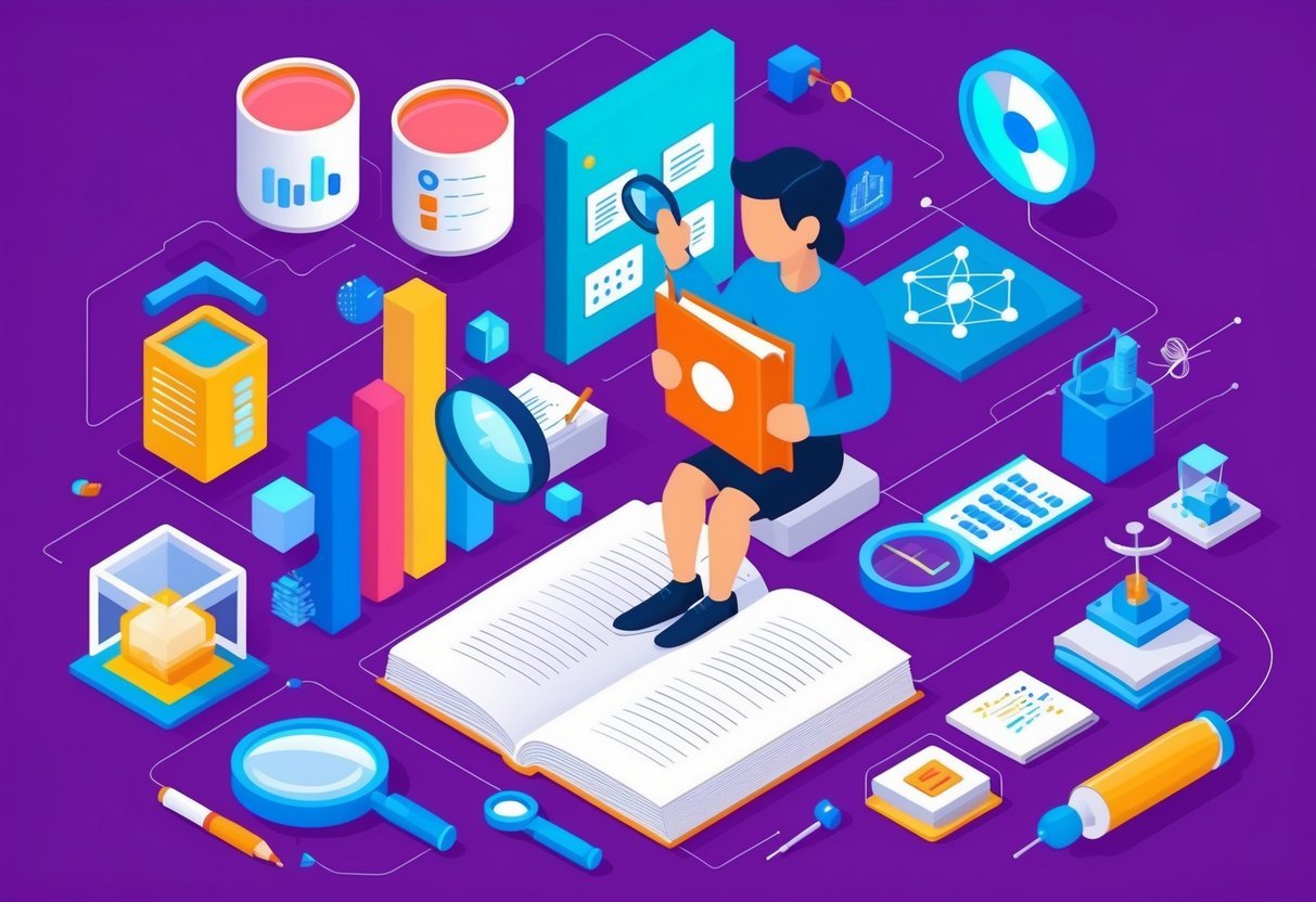 A person reading a book with a magnifying glass, surrounded by various data science-related objects and tools