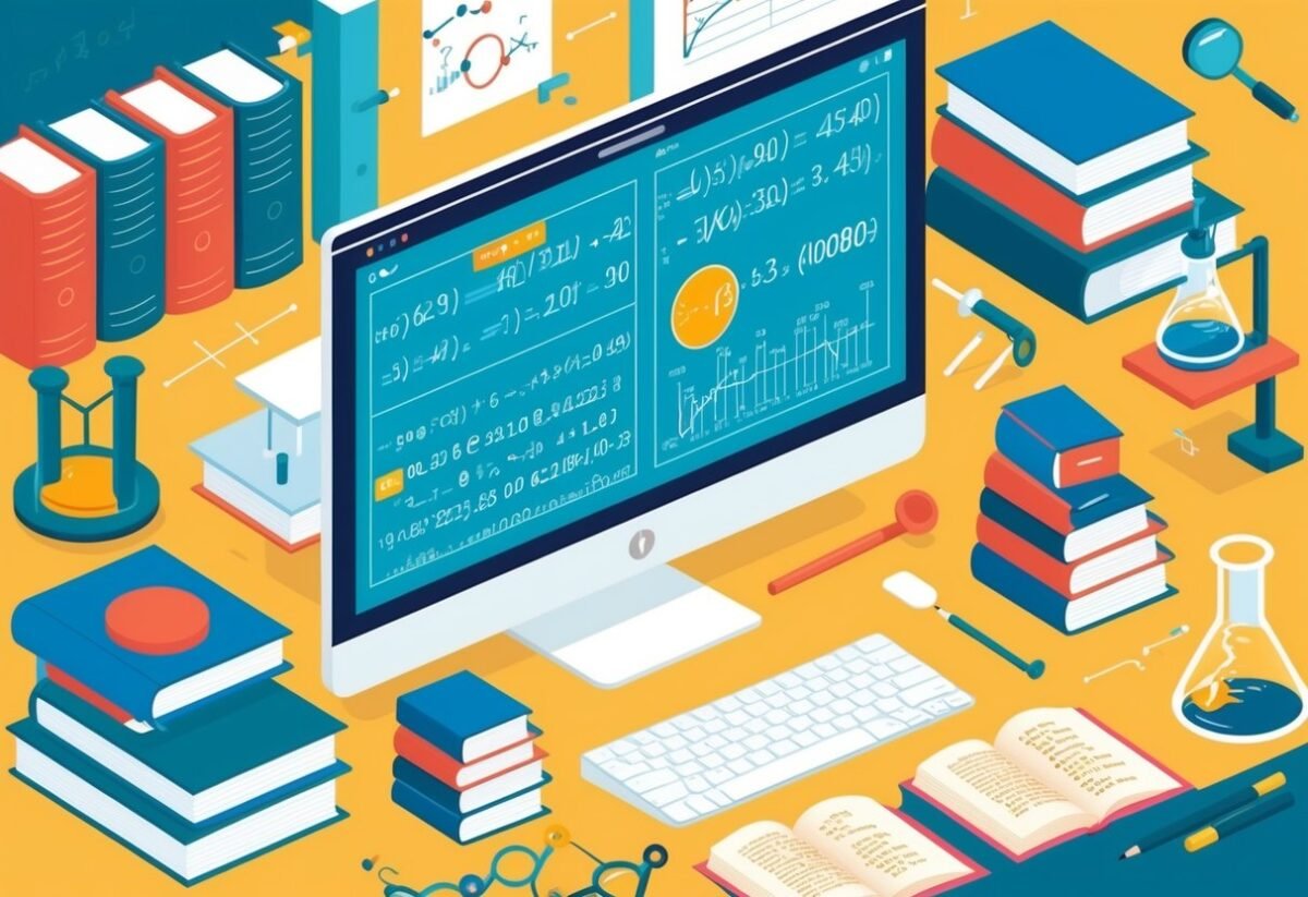 A computer screen displaying mathematical equations and data visualizations, surrounded by books and scientific instruments