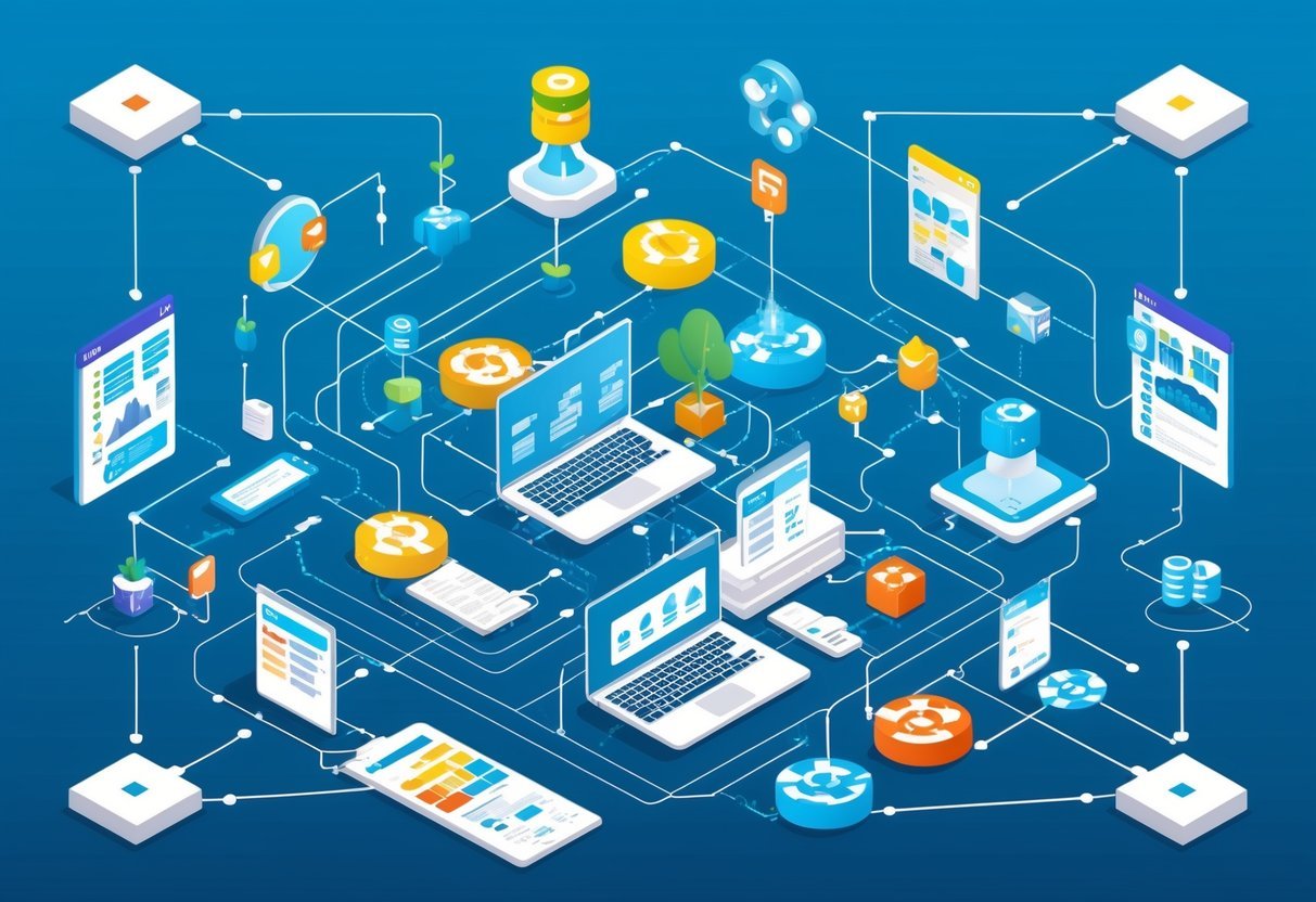 A network of interconnected data sources and tools, with data flowing and being analyzed, representing the complex ecosystem of business intelligence