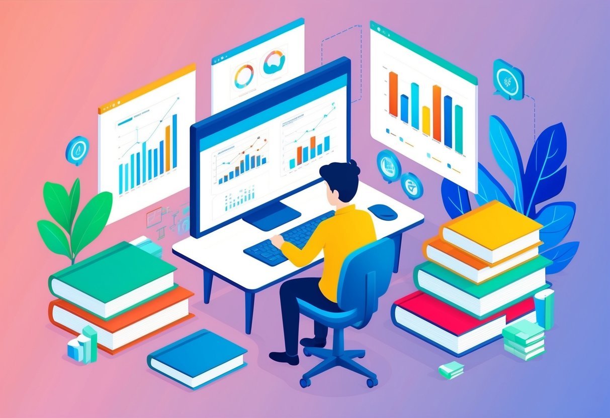 A person using a computer to analyze and interpret data, surrounded by books and charts, with a focus on learning and development