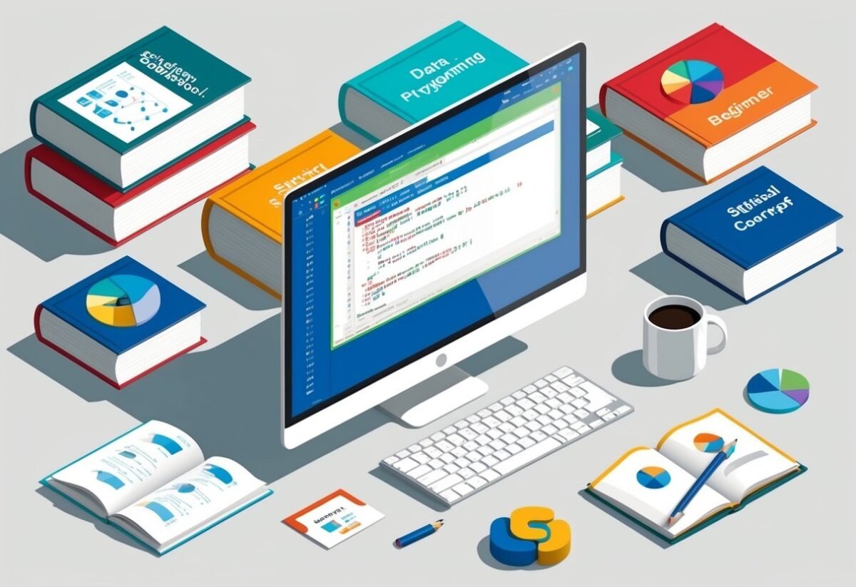 A computer screen displaying Python code for data analysis, surrounded by statistical concept books and beginner programming resources