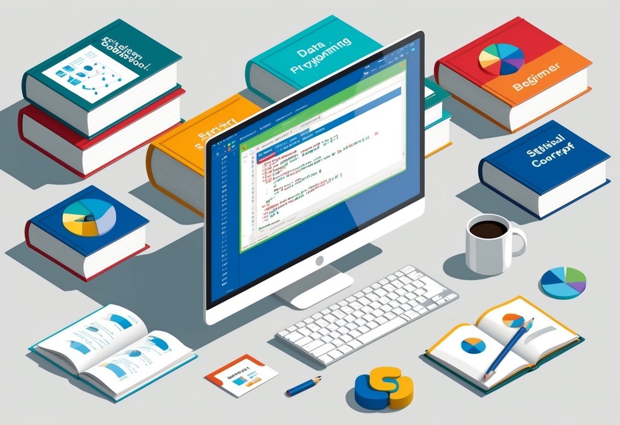 A computer screen displaying Python code for data analysis, surrounded by statistical concept books and beginner programming resources